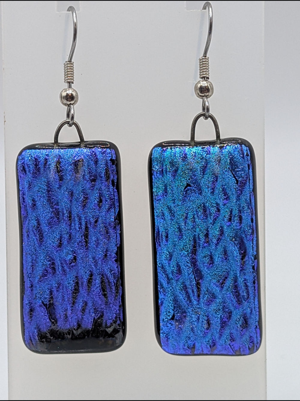 Blue Iridescent Painted Glass Dangle Earrings - Unbranded